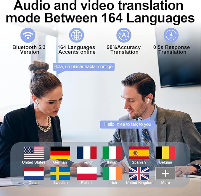 AI Translation Earbuds Real Time with Audio and Video Calls, 3-in-1 Language Translator Earbuds,164 Languages, 7 Translation Modes, 32H Buletooth 5.3 Headphones with Translating Device White