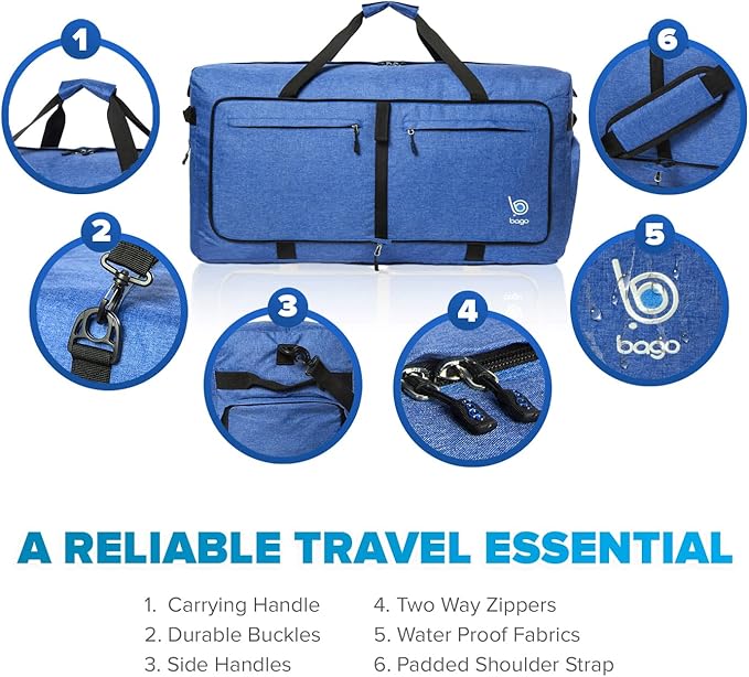 Bago Large Foldable Duffel Bags for Traveling Women & Men - 100L Packable Duffle Bag for Travel with Shoe Compartment - Water Repellant, Heavy Duty, Lightweight Folding & Collapsible (SnowDepBlue)