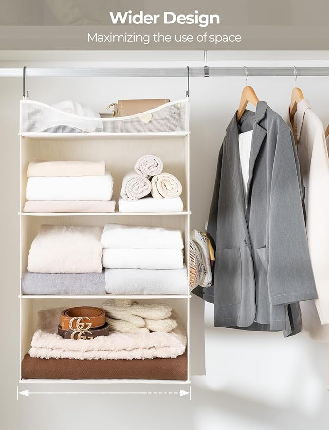 StorageWorks Hanging Closet Organizer, 3-Shelf Hanging Closet Shelves with Top Shelf, 19 ¾"W x 12" D x 31" H, Extra-Large Space, Ivory White