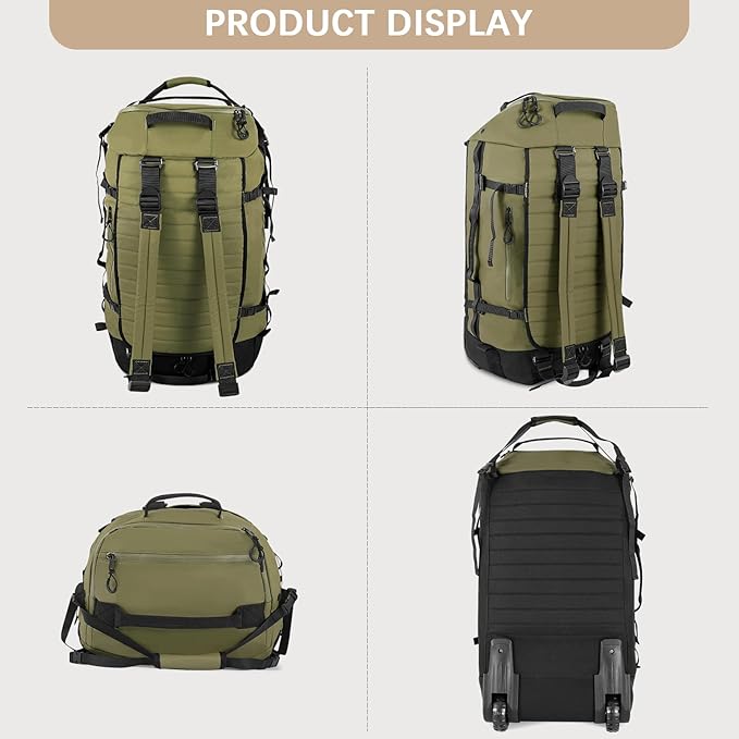 CONTAIL 86L Foldable Wheeled Duffel Backpack with Padded Quilted Bottom, Waterproof Collapsible Travel Duffle Bag with Extended Web Handles,No Telescope Handle,Army Green