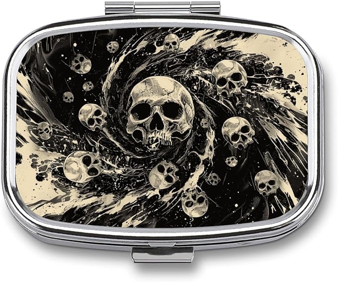 Metal 2 Compartment Pill Organizer Travel Friendly Portable Compact Pill Box Cute Pill Case,for Pocket Wallets Daily Portable Medicine Vitamin Tablet Storage (The Skeleton in The Vortex)
