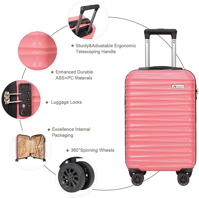 Carry on luggage 20 In suitcase with Spinner Wheels ABS & PC Hardside Luggage（Pink）