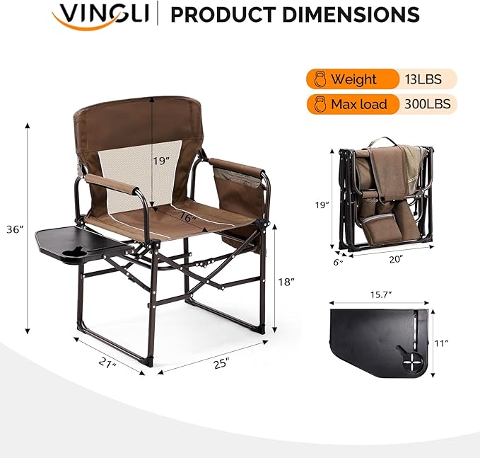 VINGLI Camping Chairs, Directors Chair, Camping Chair with Side Table & Carry Bag，Heavy Duty Camping Chairs for Adults,Portable Folding Camping Chair 2 Pack, for Beach, Fishing,Trip,Picnic,Lawn-Brown