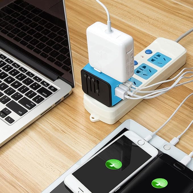 Travel Adapter Worldwide, Universal International Power Plug Adapter W/2.4A 3xUSB-A and 3.0A Type-C Wall Charger, European Travel Plug Adapter for Europe UK EU US CA AU Italy Asia-Blue