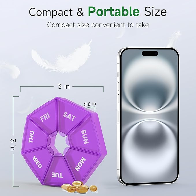 Weekly Pill Organizer, 2 Pack Portable Pill Box Medicine case 6 Colors (Seven Day) New Edition for Vitamin/Fish Oil/Pills/Supplements-Arthritis Friendly (Purple)