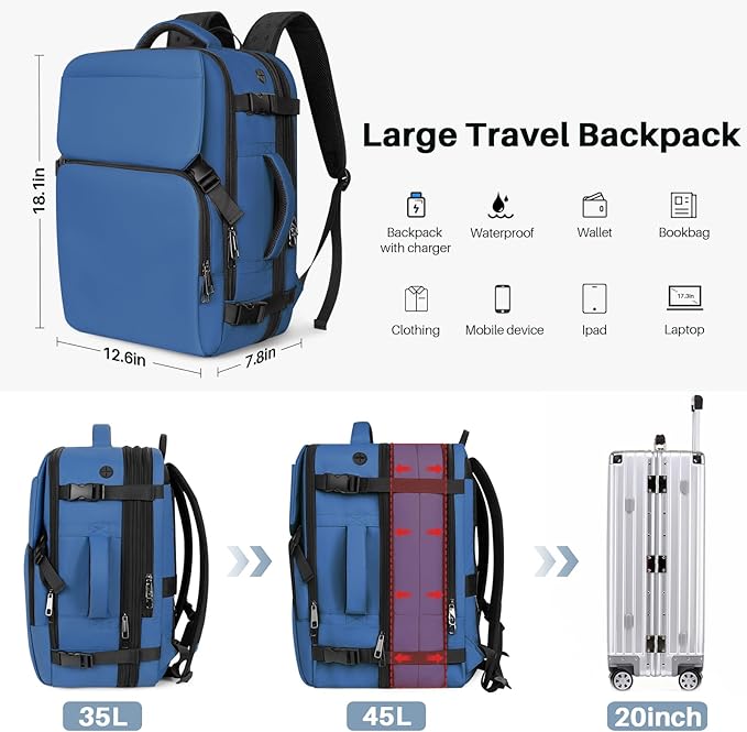 Travel Backpack Carry On Flight Approved, Lightweight Large Travel Backpack, Expandable with USB Charging Hole, Waterproof Causal Bookbag for Travel Work College Fits 17 inch Laptop, Blue