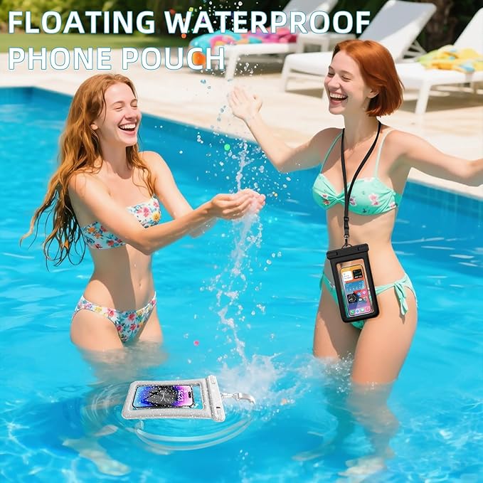 IPX8 Floating Waterproof Phone Pouch 2-Pack,7.2 Inch Waterproof Pouch for iPhone16/15/14 Pro Max Galaxy S24/S23 Adjustable Lanyard + Wrist Strap Beach Swimming Travel Essentials Black White