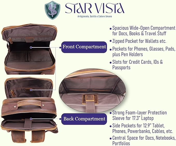 STAR VISTA Angelo 17.3" Vintage Full Grain Leather Laptop Backpack for Men, Multi Pockets, Casual Outdoor Business Travel Rucksack, YKK Zippers, Dark Brown
