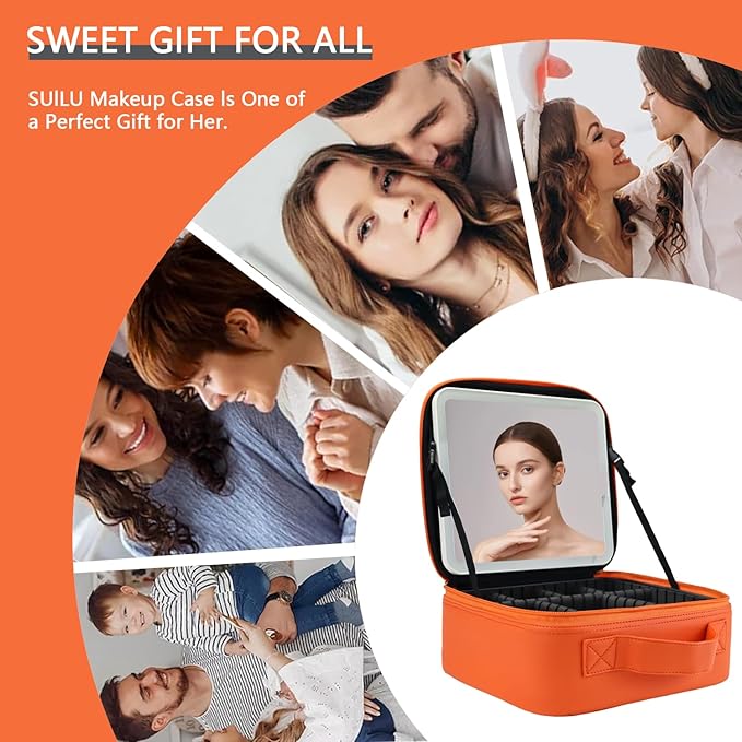 Makeup Bag with Led Mirror,Travel Makeup Organizer with 3 Color Setting & 10X Magnifying Mirror, Portable Storage and Adjustable Dividers Travel Makeup Bag-orange