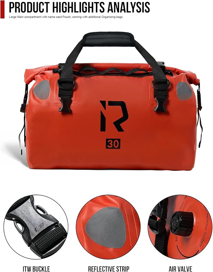 IRON JIA'S Motorcycle Dry Bag - Waterproof Duffle & Luggage Tail Bag Saddle Bags with Roll Top Closure, Shoulder Straps, Inner Pocket and Mesh Pocket (Orange, 30L)
