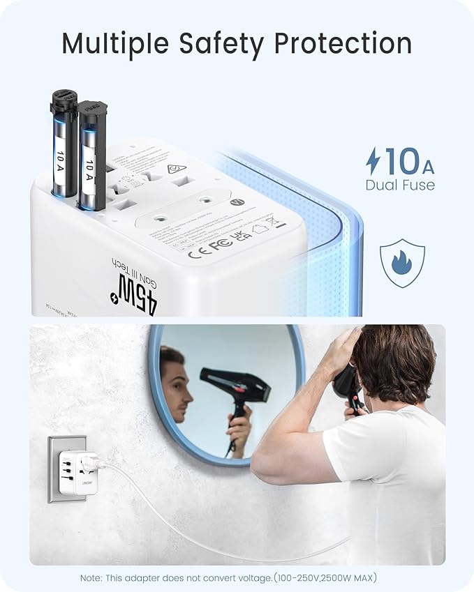 LENCENT Universal Travel Adapter, GaN III 45W International Charger with 3 USB Ports & 2 USB-C PD Fast Charging Adaptor, Worldwide Wall Charger for iPhone,Laptops, USA/UK/EU/AUS (White-45W)