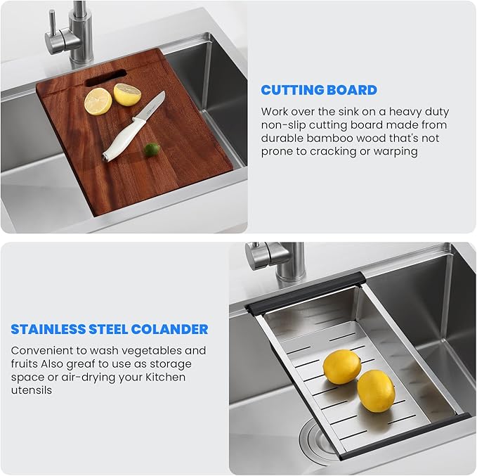 POPFLY 23×18 Inch Drop in Workstation Kitchen Sink, Handmade 18-Gauge 304 Stainless Steel Sinks Topmount 9-Inch Deep Single Bowl Modern Overmount Small Kitchen Sink with Cutting Board