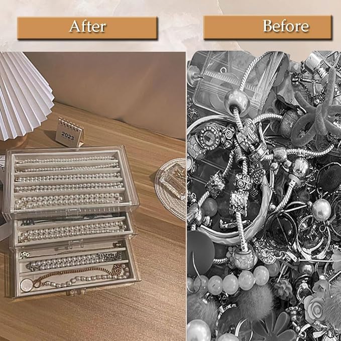 Necklace Organizer Box with Clear Lid, Dustproof Velvet Jewelry Holder Storage Display Case, Stackable Acrylic Necklace Tray Drawer Insert for Women and Girls (Beige,3 Drawers)