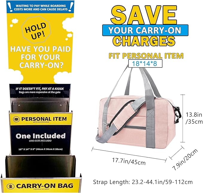 For Spirit Airlines Personal Item Bag 18x14x8 in Underseat Carry-on Luggage foldable Travel Duffle Bag for Airplanes(30L, Pink)
