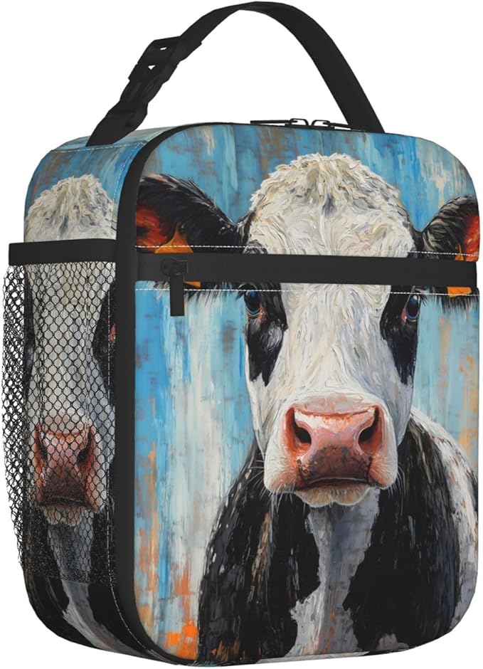Cow Lunch Box for Kids Aldults, Realistic Animal Reusable Thermal Insulation Cooler Tote Bags, Black White Calf Pattern Insulated Bag for Student, School Picnic Camping Travel, Gifts