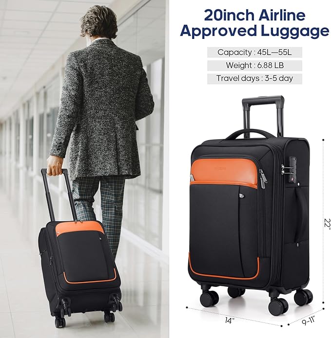 UKEIN Softside Expandable Carry On Luggage 22x14x9 Airline Approved, 20 Inch Carry On Suitcase with Wheels & TSA Lock, Travel Suitcase with 4-Piece Packing Bags for Women Men