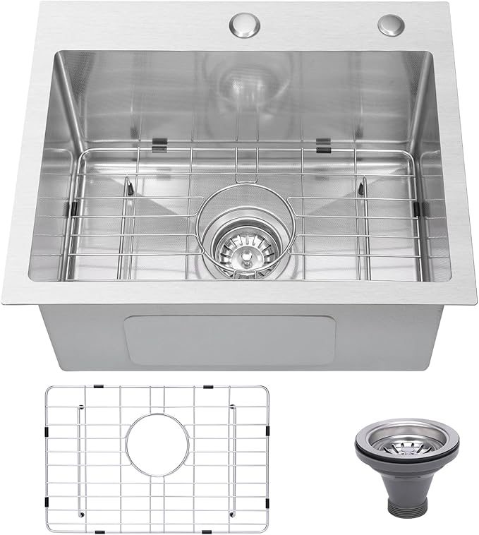 Drop In Kitchen Sink 25x22", 9" Basin Depth, 18 Gauge Stainless Steel Sink, 3D Embossed Surface Finish Top Mount with Accessories