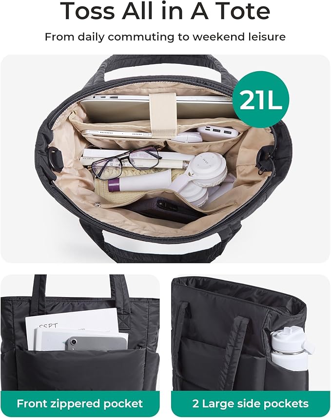 BAGSMART Tote Bag for Women, Lightweight Puffy Tote Bag with Compartments Shoulder Bag Handbag for Travel, Work, Gym,