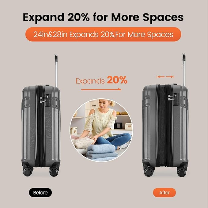 GinzaTravel Luggage Sets 3-Piece Expandable Suitcases with Wheels PC+ABS Durable Hardside Luggage sets TSA lock (3-Piece Set(20"/25"/29"), Dark Gray)