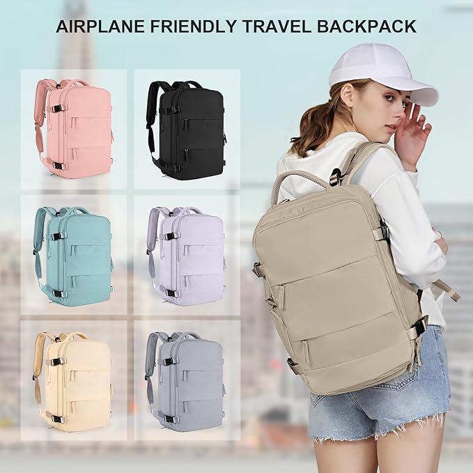 coowoz Large Travel Backpack For Women Men,Carry On Backpack Flight Approved,Hiking Backpack Waterproof Outdoor Rucksack Casual Daypack Fit 15.6 Inch Laptop Shoes Compartment (Khaki-L)