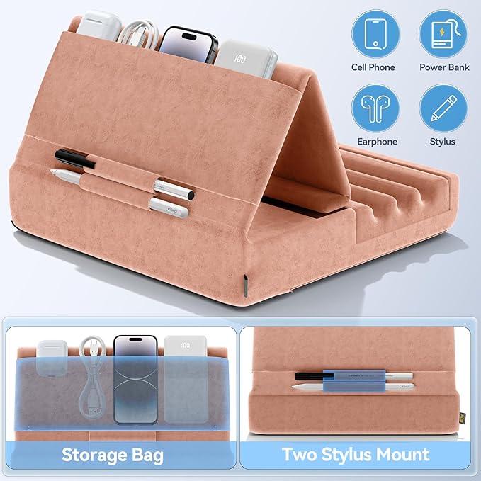 KDD Tablet Pillow Holder, Foldable iPad Stand for Lap, Bed and Desk -Tablet Soft Pad Dock with Pocket & Stylus Mount Compatible with iPad Pro 12.9, 10.5, 9.7 Air Mini 6 5 4 3, E-Reader