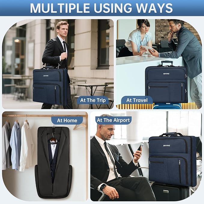 Garment Bags for Travel, 41'' Water-Resistant Carry On Garment Bag for Hanging Clothes, Large Suit Travel Bag Convertible Travel Garment Bag for Shirts, Dresses, Coats (Blue)