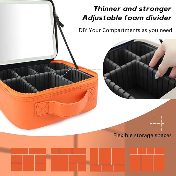 Makeup Bag with Led Mirror,Travel Makeup Organizer with 3 Color Setting, Portable Storage and Adjustable Dividers Travel Makeup Bag(Orange)