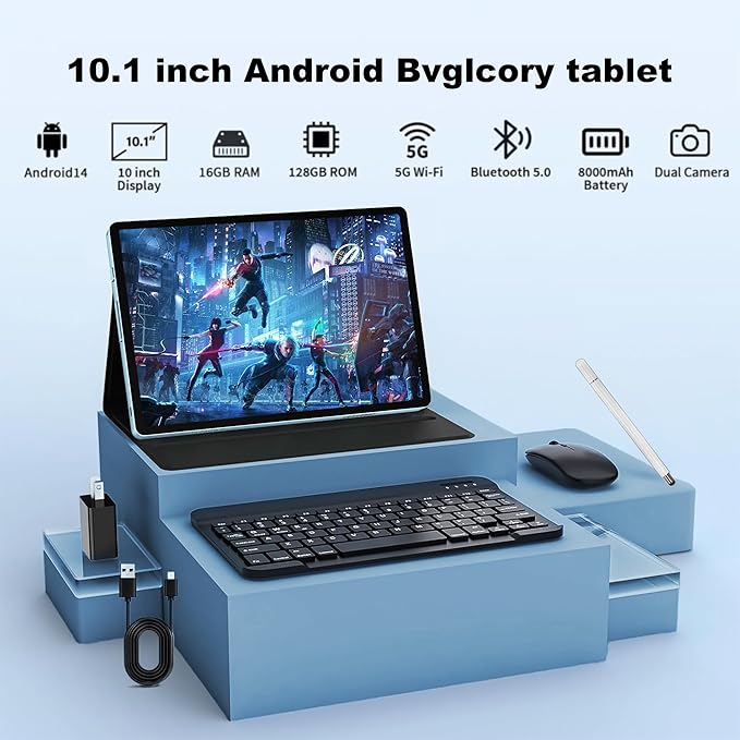 Android 14 Tablet with Keyboard，16GB RAM 128GB ROM 1TB Expand, 8000mAh Battery, 10.1 inch Tablet with 13MP+8MP Camera/Bluetooth/GPS/WiFi/HD Display (Light Blue)