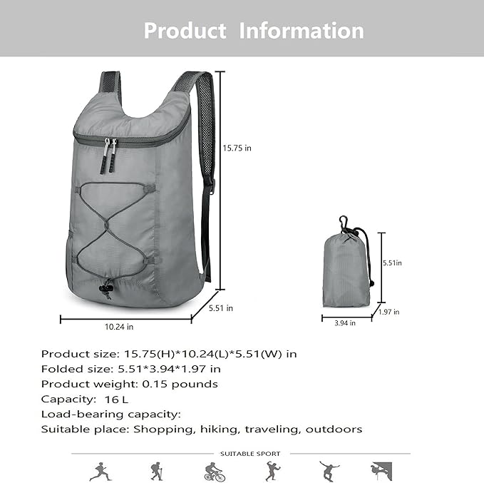 16L Hiking Daypack Lightweight Foldable Travel Backpack Water Repellent Camping Outdoor Packable Easy Carry-on Bag (Gray)