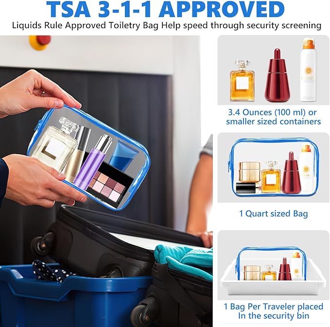 AURUZA 4 Pack Clear Toiletry Bag,Portable Travel Makeup Bags with Zipper, TSA Approved Clear Organizer Bags, PVC Cosmetic Pouch for Airport Airline Compliant (4 Packs Blue)