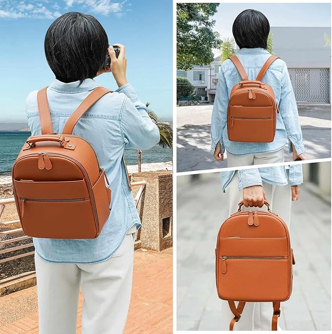 Small Camera Backpack, Classic PU Leather with 11 Inch Pad/Tablet Compartment, Professional Camera Bag for Photographers for DSLR, 10L Brown