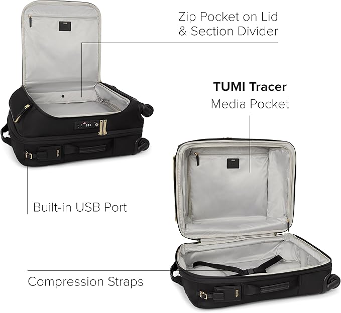 TUMI - Voyageur Leger 4 Wheeled Luggage - Women's Lightweight and Spacious, Sleek Silhouette, Durable Premium Suitcase - 21.8" Continental Expandable Carry-On, Black with Gold Hardware