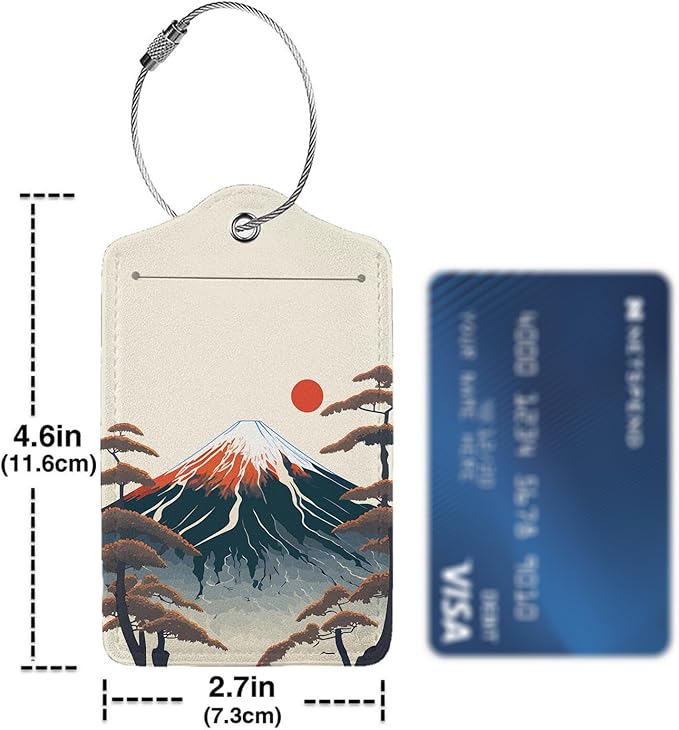 Mount Fuji 2-Pcs Premium Leather Tags with Privacy Covers,Luggage Tag Stainless Steel Loops Ideal for Suitcases, Travel Bags, Backpacks