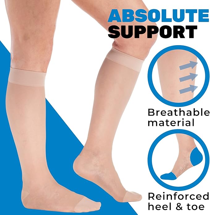 (3 Pairs - Closed Toe) Made in USA - Sheer Compression Socks for Women 15-20mmHg - Compression Stockings for Varicose Veins Circulation, Thrombosis, Embolism - Natural, Medium - A101NA2-3