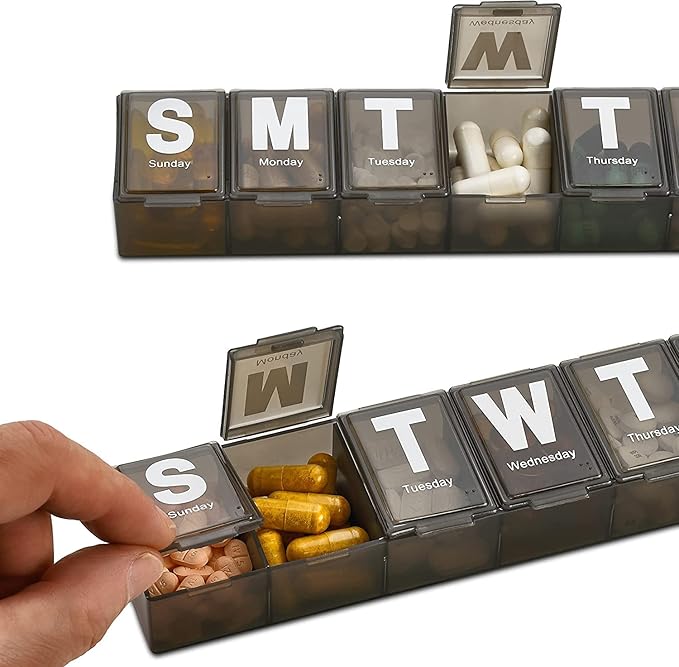 Weekly Pill Organizer - (Pack of 3) Extra Large Vitamin Container with Jumbo Easy to Read Letters, BPA Free - Daily Travel 7 Day Medication Pill Box Case, (Black)