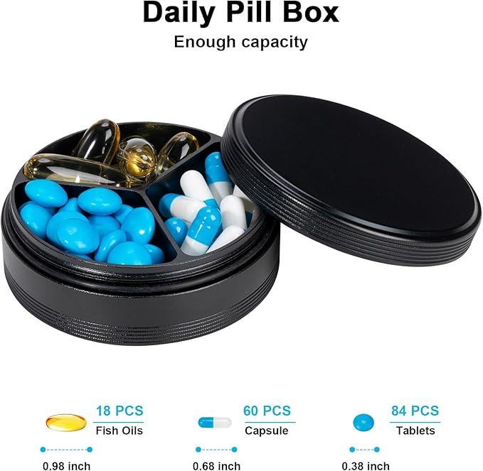Metal Pill Case 3 Compartment - Waterproof Pocket Purse Pill Box Aluminium Travel Pill Container Medicine Organizer Portable Daily Pill Holder for Vitamins Medication Fish Oils