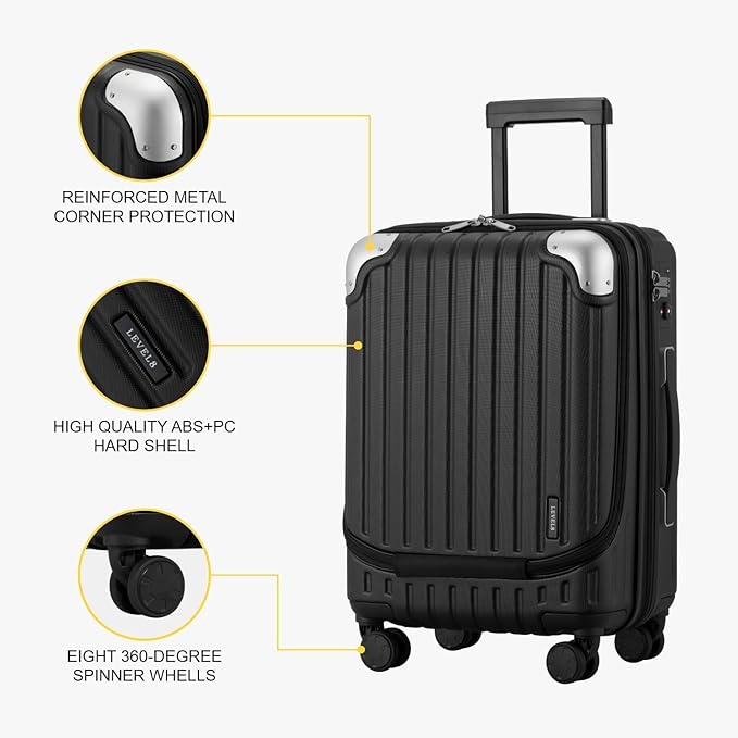 LEVEL8 Grace Carry On Luggage Airline Approved, 20 Inch Expandable Hardside Carry On Suitcase With Wheels, Abs+Pc Small Luggage with Tsa Lock, Black, 20-Inch