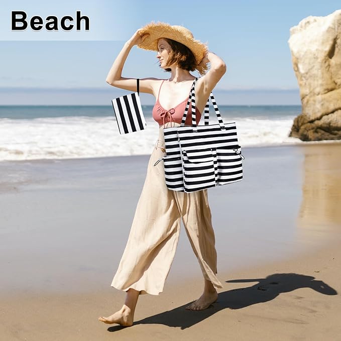 LEDAOU Large Beach Tote Bag Women Waterproof Sandproof Zipper Beach Tote Bag for Pool Gym Grocery Travel with Wet Pocket