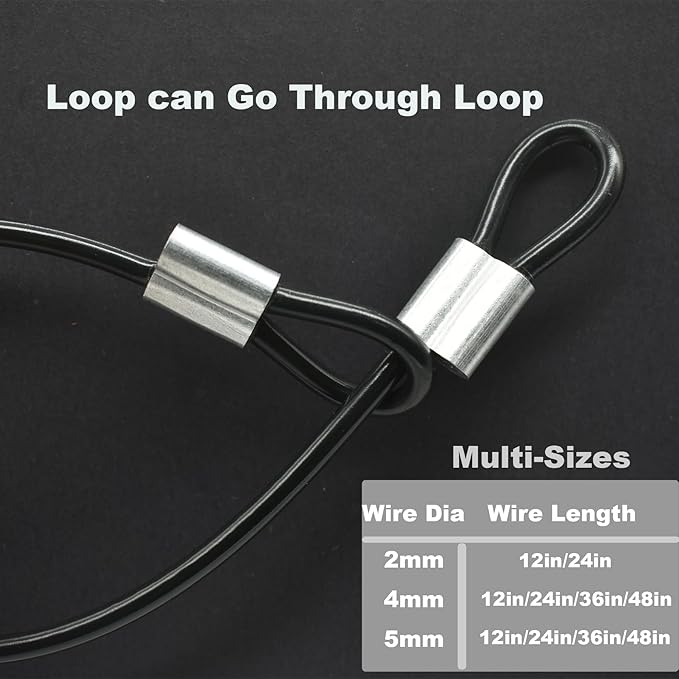 5 Pcs 4mm Wire 36 inch Vinyl Coated Stainless Steel Cable with Loops Short Wire Rope Lanyard Lock Security Chain Link for Outdoor Gates, Black(4mm x 36inch)