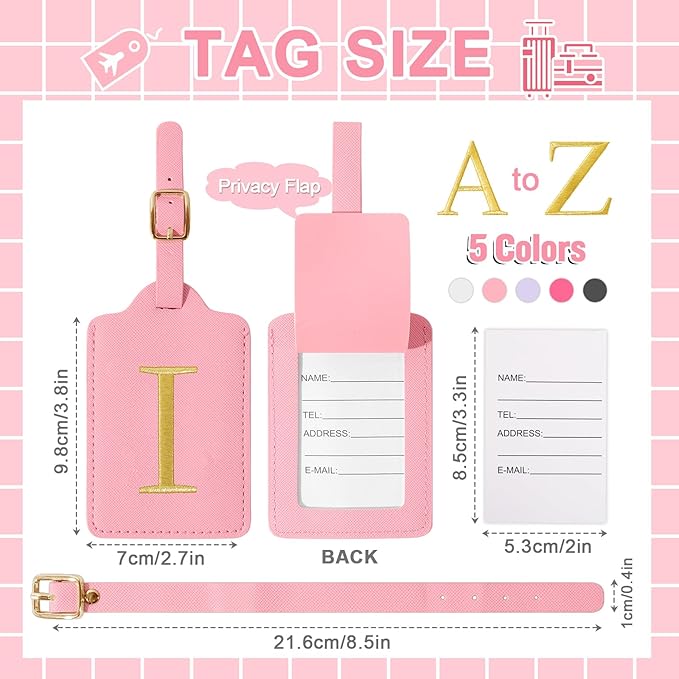 Personalized Initial Luggage Tags for Suitcase, Pink Leather Cute Luggage Tags with Privacy Cover Name Card, Embroidered Custom Monogrammed Luggage Tag Travel Bag Baggage Tags Gifts for Women Kids(I)