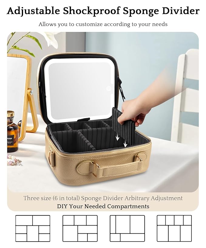 MOMIRA Travel Makeup Bag Cosmetic Bag with Lighted Mirror, Adjustable Brightness in 3 Color Scenarios/Detachable makeup mirror, All-round Upgrade, Waterproof, Gift for Women -Gold