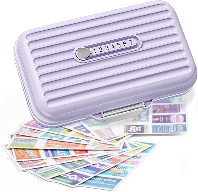 Travel Pill Organizer Box with Medicine Labels, 7 Compartments Portable Pill Case, Daily Medication Organizer Storage Pill Container for Pocket Pharmacy(Purple, L)