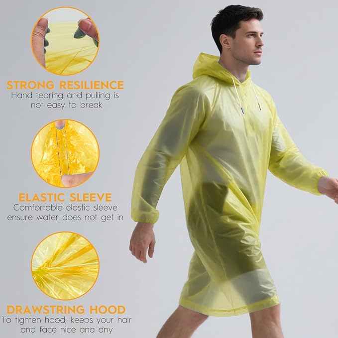 Bruvoalon 6 & 20 Pack Disposable Rain Ponchos for Adults/Youth, Waterproof PE Raincoats with Drawstring, Camping/Emergency