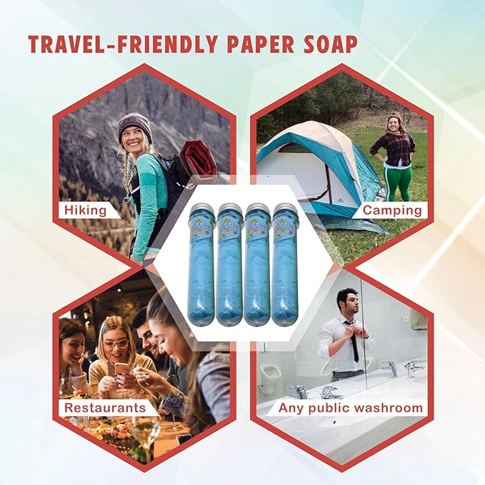 Flower Paper Soap Sheets (Pack of 4) - Portable Disposable Travel Paper Soap Confetti - Foaming Hand Washing Scented Soap Flakes for Indoor, Travel, Camping, Hiking, Outdoor, (Blue)