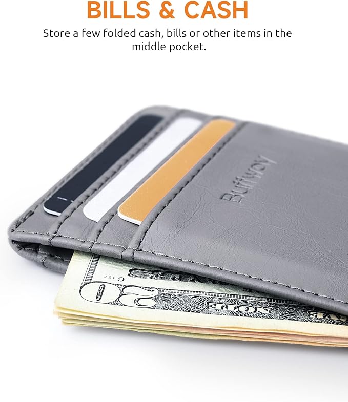 Buffway Mens Slim Wallet, Minimalist Thin Front Pocket Leather Credit Card Holder with RFID Blocking for Work Travel
