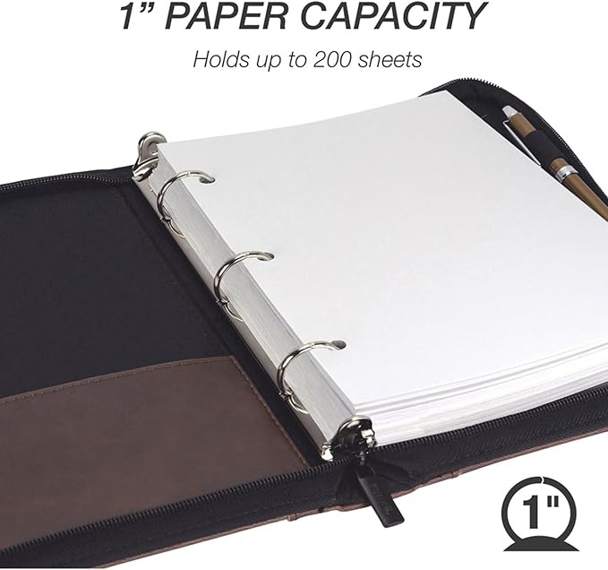 Samsill Vintage Leather Mini 3 Ring Zipper Binder, 1 Inch Round Ring Capacity (Holds 200 Sheets), 5.5 x 8.5 Inch Documents, Notebook Organizer, Planner, Brown