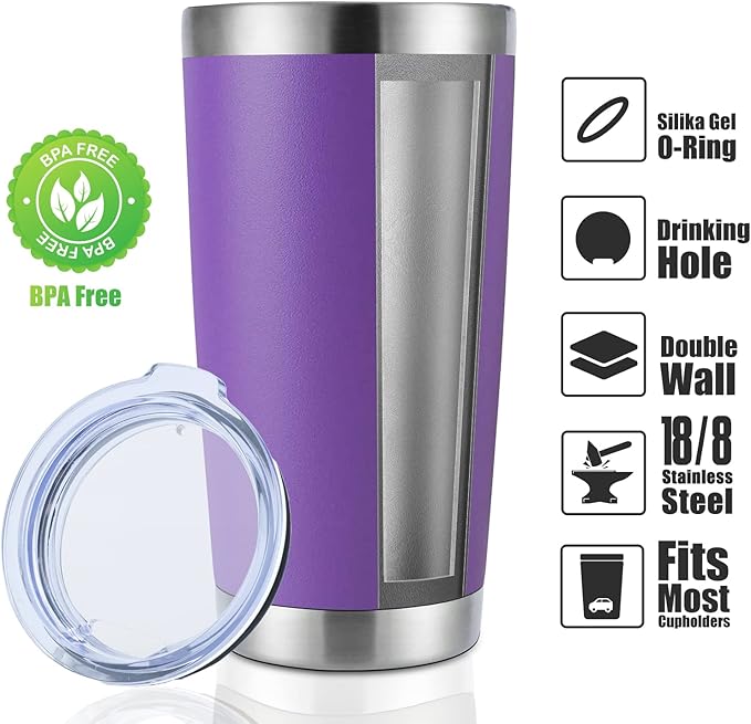 DOMICARE 20oz Stainless Steel Tumbler Bulk with Lid, Double Wall Vacuum Insulated Travel Mug, Powder Coated Coffee Cup (Powder Purple, 8)
