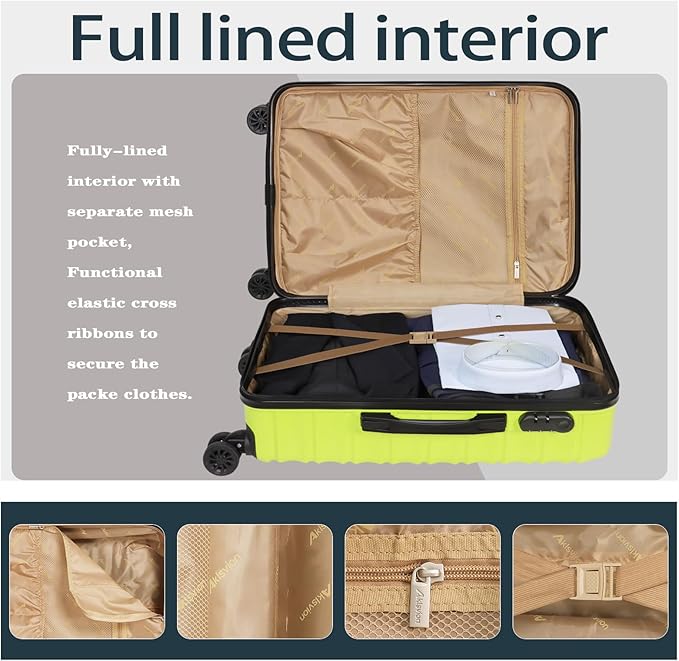 Luggage Set 3 Pieces (20/24/28) -Suitcase Set - Carry on Luggage with Wheels - Check-in Luggage - PC + ABS Durable Suitcase Rotating Silent Wheels Hardside Luggage with Spinner Wheels,5pcs (Lime)