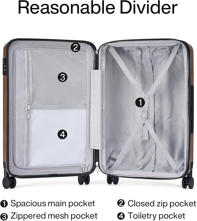 Hanke 24 Inch Expandable Checked Luggage Lightweight PC Hard Case Luggage Suitcases with Wheels TSA Luggage Rolling Large Suitcase Travel Luggage Bag for Go to University(Brown)