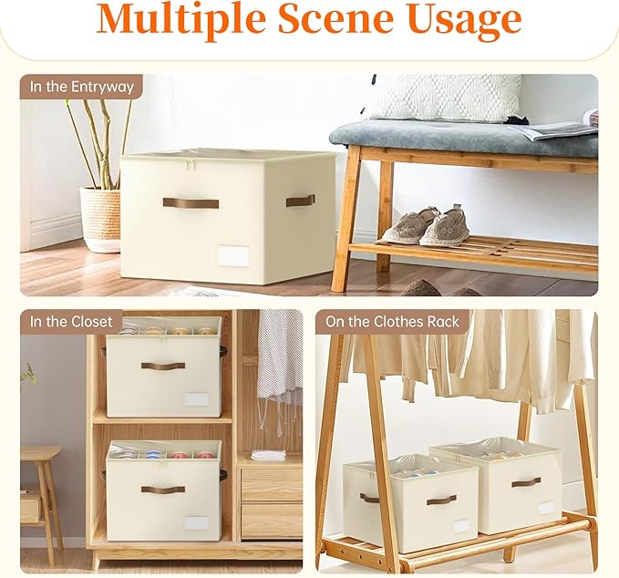 Shoe Organizer for Closet, Foldable Shoe Storage Containers, Fits up to 16 Pairs, Large Shoe Storage Organizer Box Cubby Baskets Bins with Clear Cover and Reinforced Handles, Beige